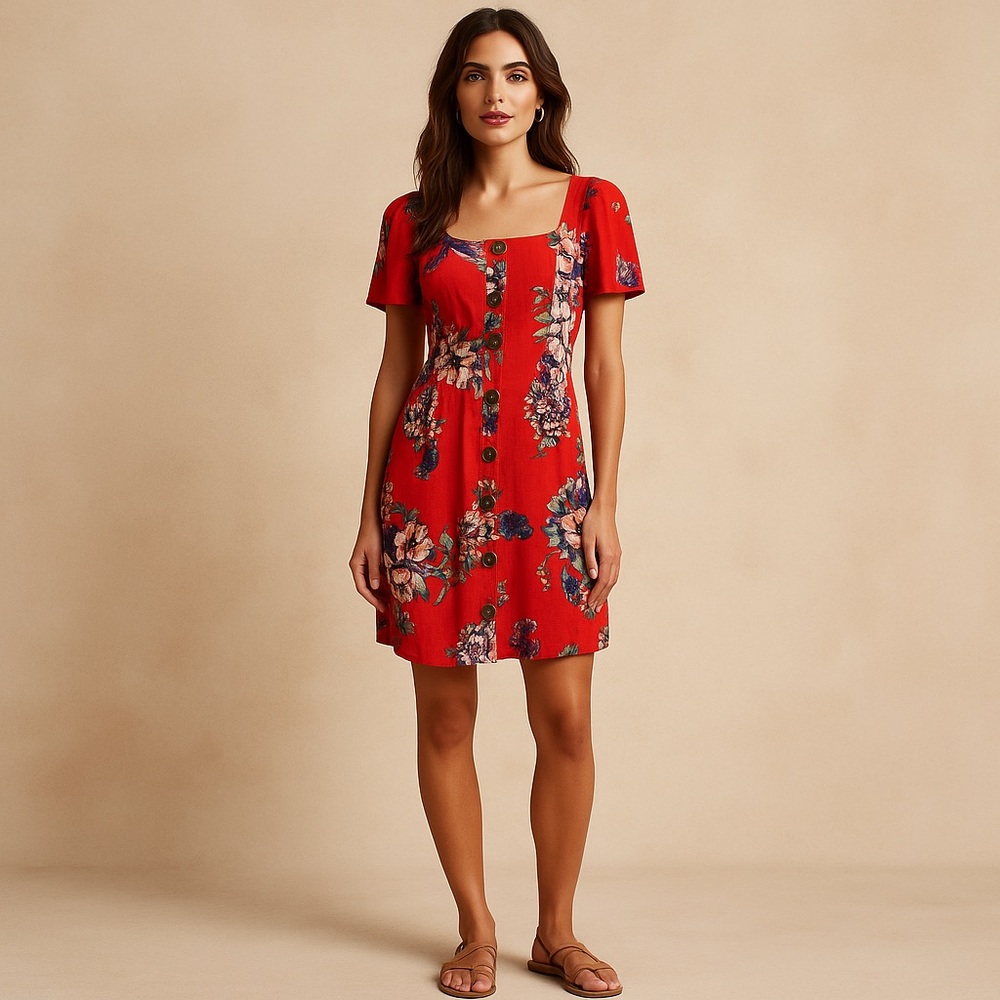 🤖 229. Maeve by Anthropologie Red Floral Button Front Mini Dress Size 0